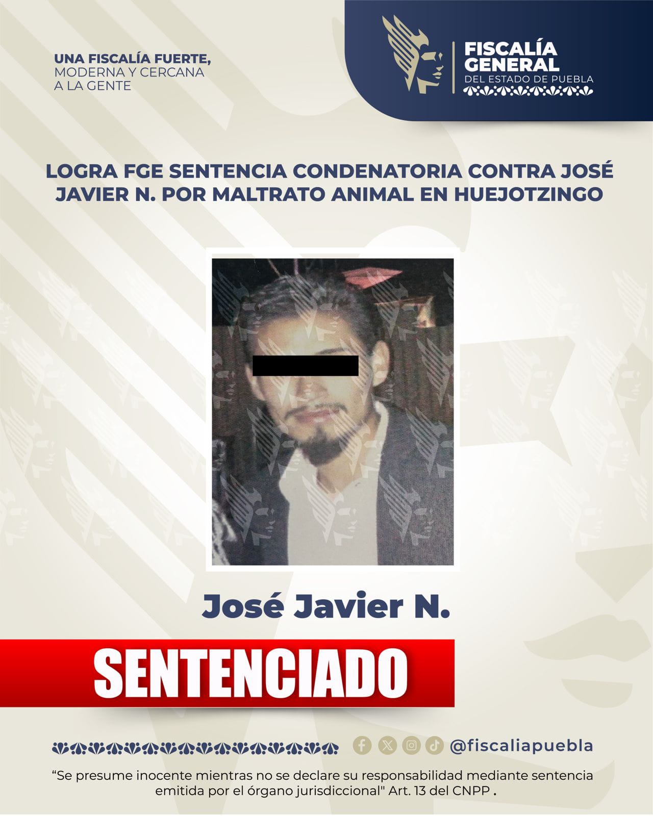 Logra FGE sentencia condenatoria contra José Javier N. por maltrato animal en Huejotzingo