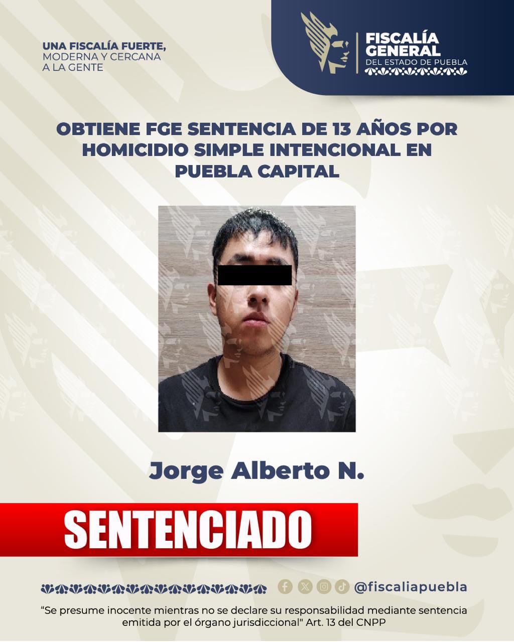 Obtiene FGE sentencia de 13 años por homicidio simple intencional en Puebla capital